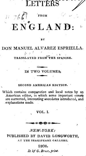 Försättsbladet till Letters From England, 1808