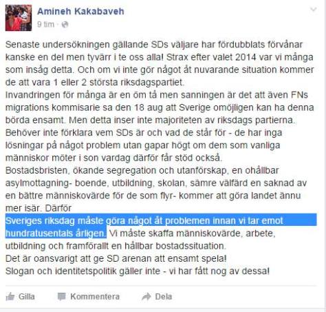 Skärmdump från Amineh Kakabavehs Facebook.