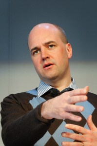 Sveriges statsminister Fredrik Reinfeldt under presskonferens vid globaliseringsmötet i Riksgränsen 2008-04-09