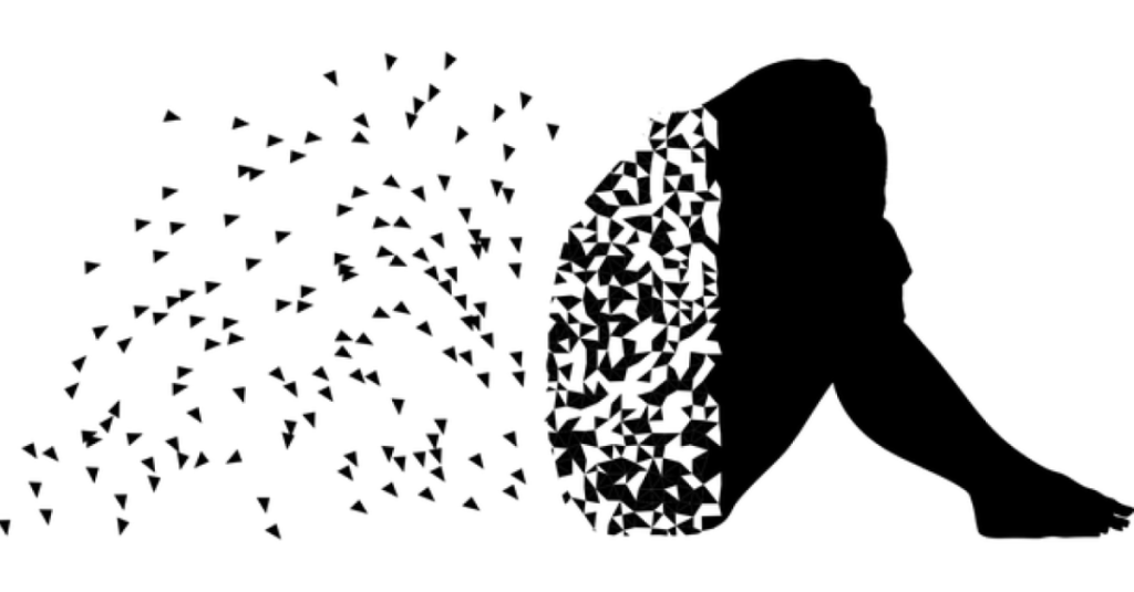 Svartvit stiliserad silhuett av en kvinna som sitter framåtböjd med knäna uppdragna. Kvinnans rygg löses upp i myriader av små trianglar som strömmar ut bakom henne.