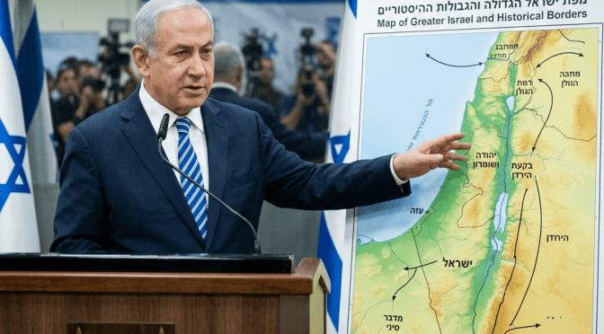 Man in suit pointing to a map titled 'Map of Greater Israel and Historical Borders' with Hebrew and English text