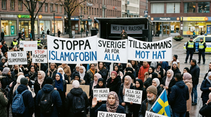 Protesters holding signs against Islamophobia and racism in a city square