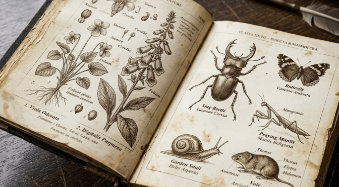 Open antique book with sketches of plants and labeled insects and animals