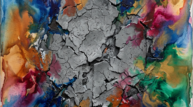 Abstract artwork with cracked gray central area and colorful swirling patterns around it