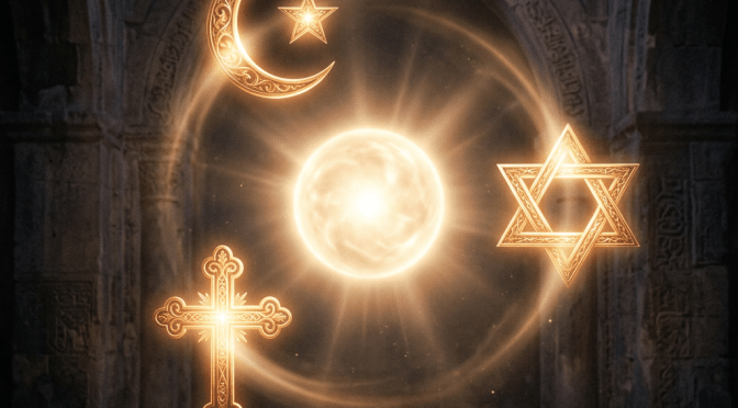 Glowing crescent moon and star, Star of David, cross, and radiant orb in dark ancient stone setting