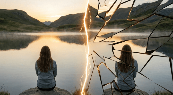 Person sitting calmly by a lake with a fragmented, shattered mirror effect on one side