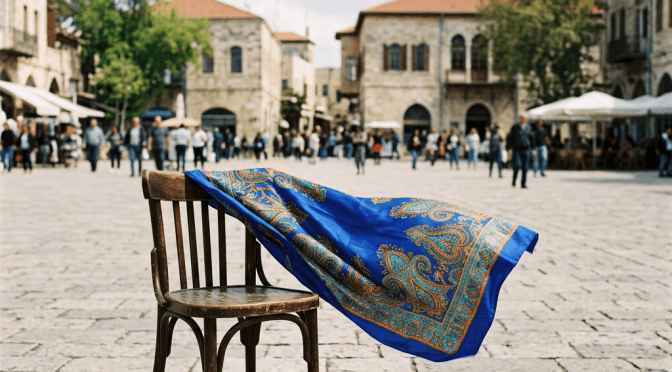 Blue and gold paisley scarf hanging over a wooden chair in a historic town square.