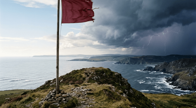 Tattered red flag on pole on grassy cliff with stormy sky and lightning over ocean