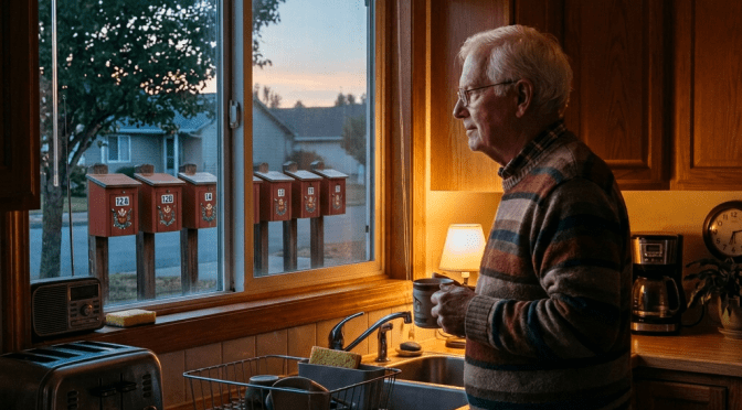 Elderly man holding coffee mug, looking out kitchen window at dawn.