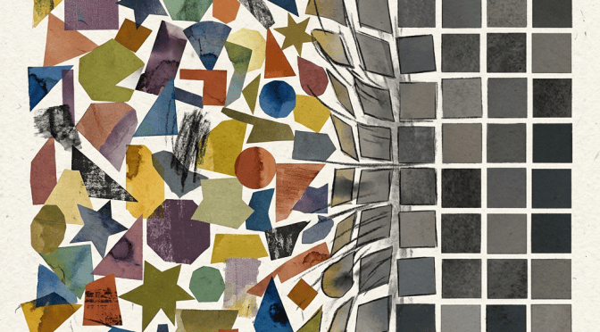Abstract collage of colorful shapes beside a grayscale square grid
