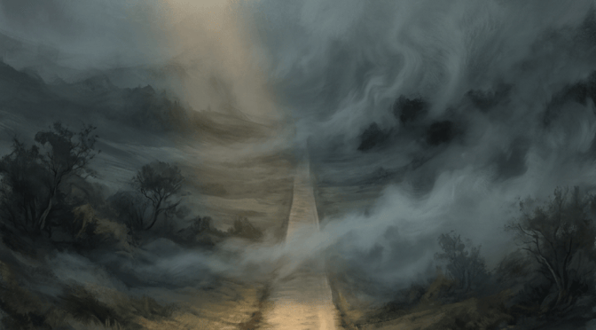 Lonely road winding through misty hills beneath a dark cloudy sky