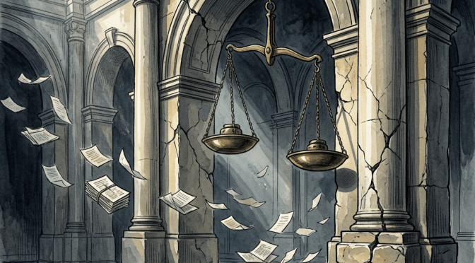 A large brass balance scale hangs in a cracked, abandoned stone hall surrounded by flying papers.