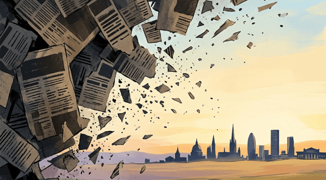 Newspapers fragmenting above a distant London skyline at sunset