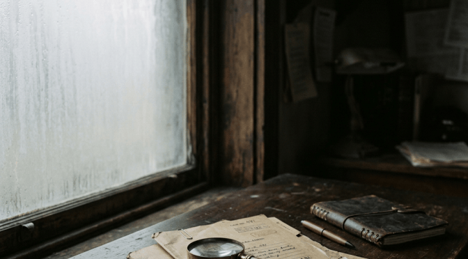Magnifying glass and old papers on a wooden desk beside a journal