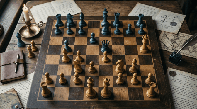 Chessboard arranged on a wooden table with books, maps, papers, and candlelight